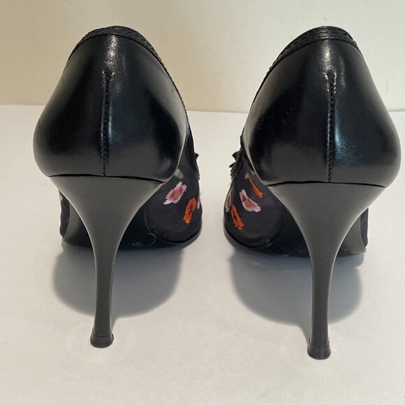 BCBGirls Docre Mesh Peep Toe Heels Stilettos Size 5.5 Black Floral Embroidered - Picture 6 of 12